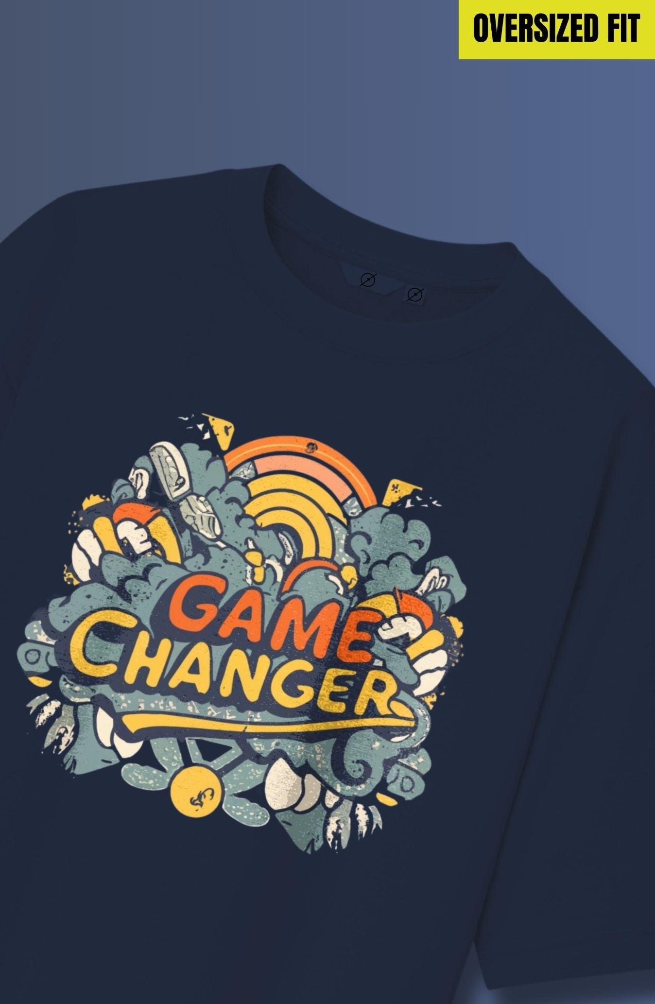 Game Changer Navy Blue Printed Oversized T-Shirt