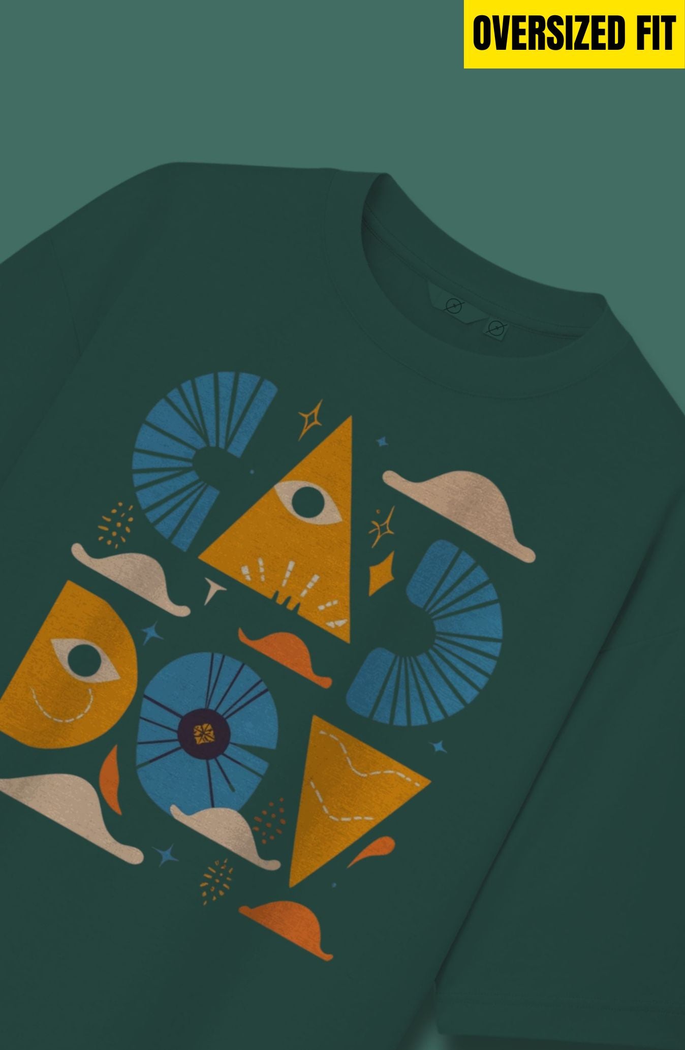 Bottle Green : Geometric Shapes Printed Oversized T-Shirt