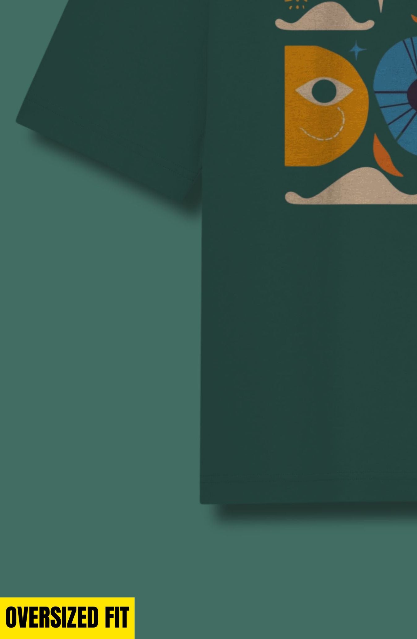Bottle Green : Geometric Shapes Printed Oversized T-Shirt