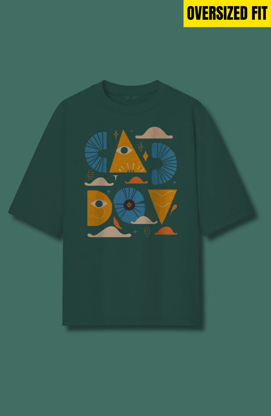Bottle Green : Geometric Shapes Printed Oversized T-Shirt