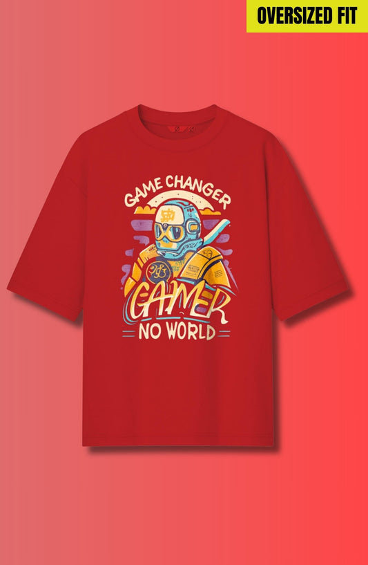 Gamer No World : Red Printed Oversized T-Shirt