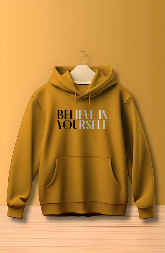 Believe In Yourself: Mustard Yellow Printed Classic Hoodie