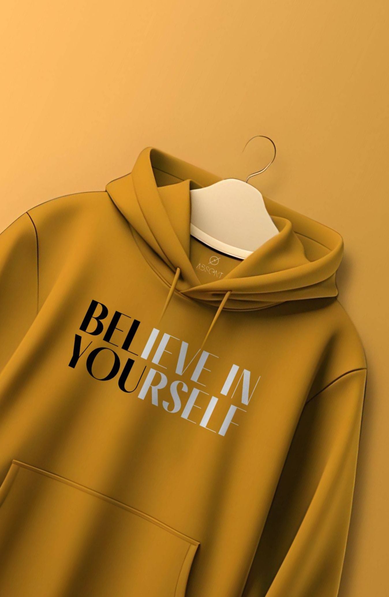 Believe In Yourself: Mustard Yellow Printed Classic Hoodie
