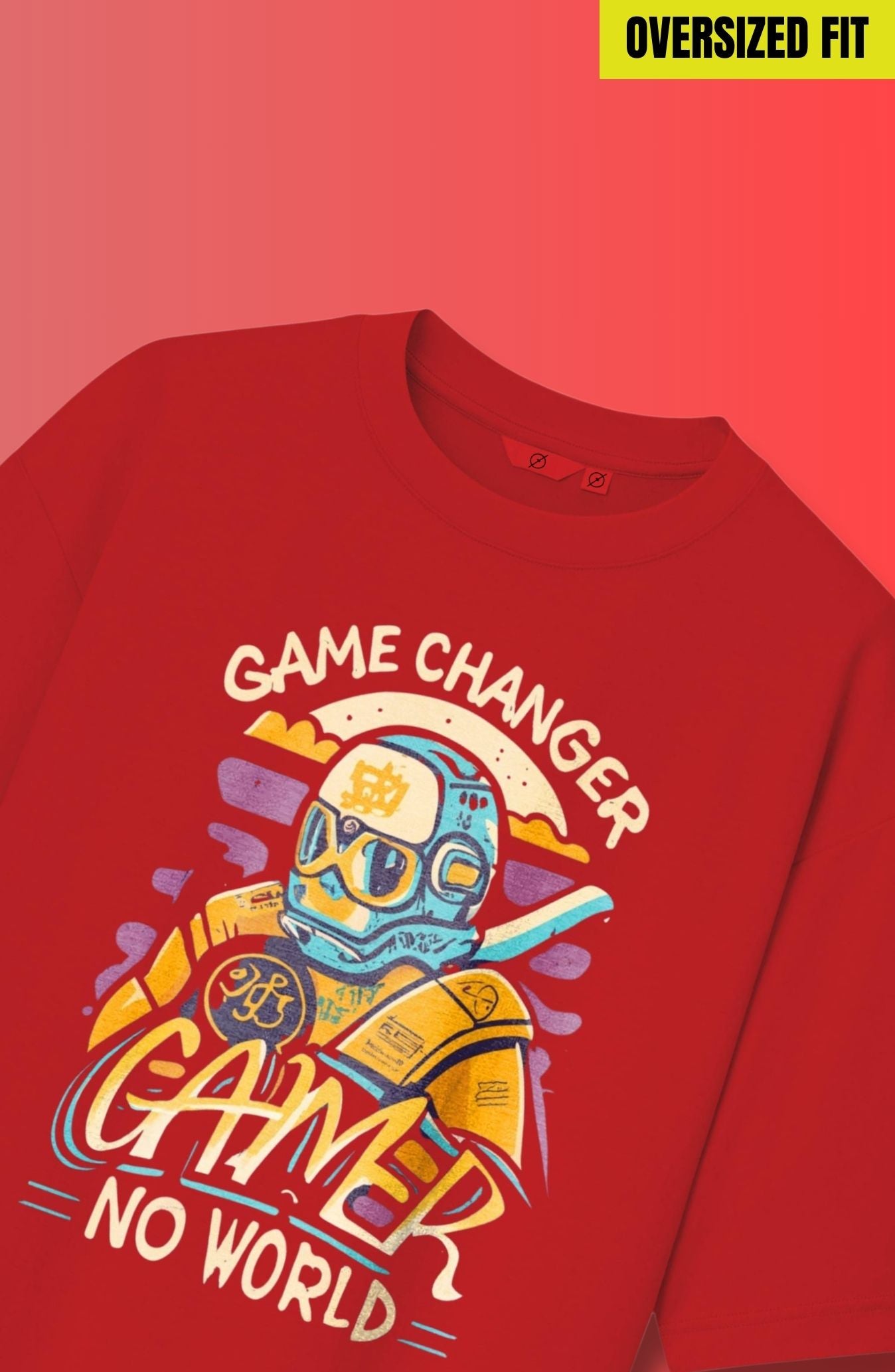Gamer No World : Red Printed Oversized T-Shirt